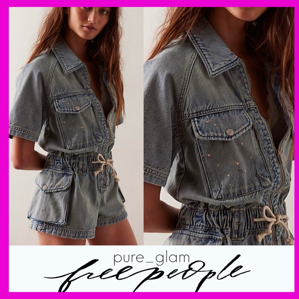 Free People Short Sleeve Denim Romper